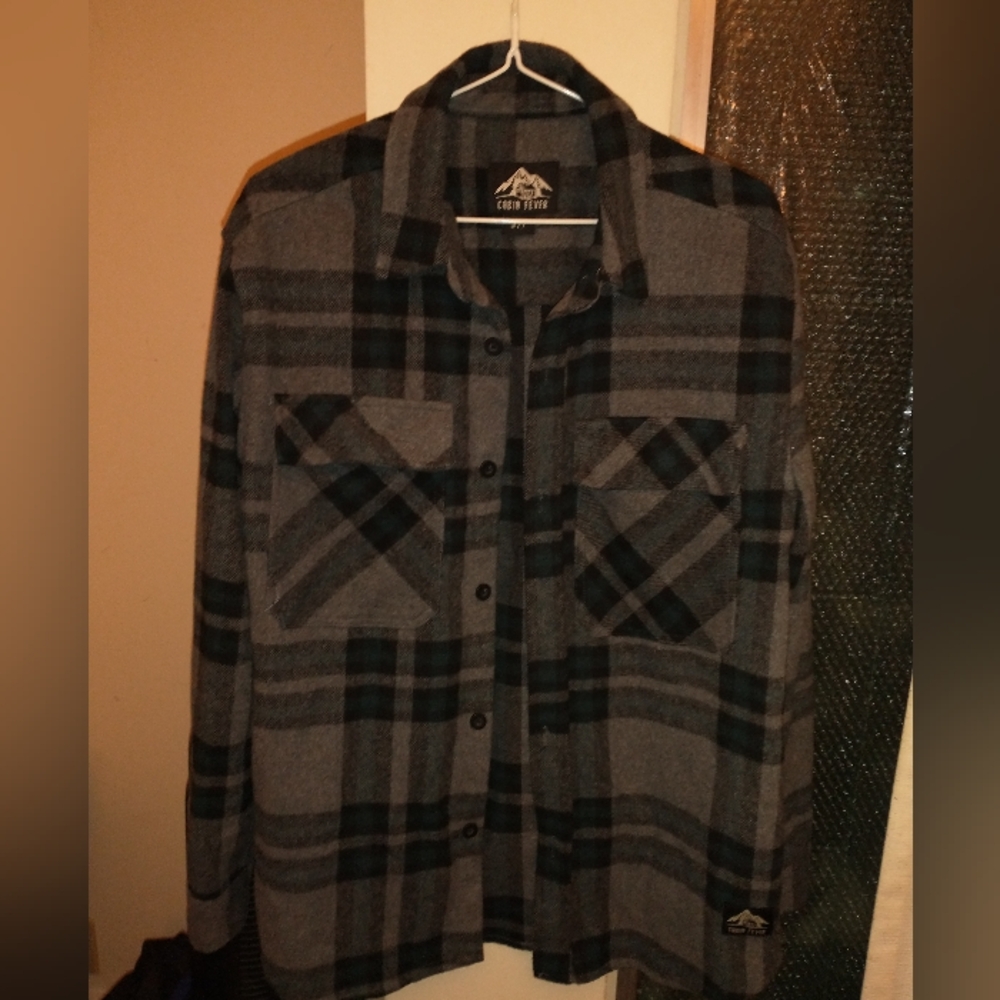 CABIN FEVER BLUE, GREY & BLACK PLAID FLANNEL JACKET